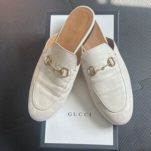 Gucci Princeton Ivory Leather Horsebit Mules with Gold Hardware